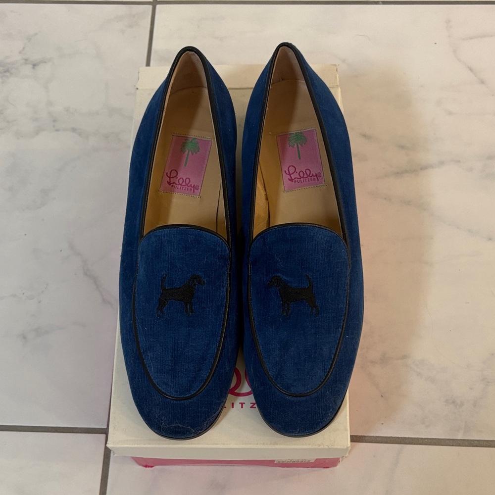 Lilly Pulitzer Navy Suede Loafers with Dog Embroidery